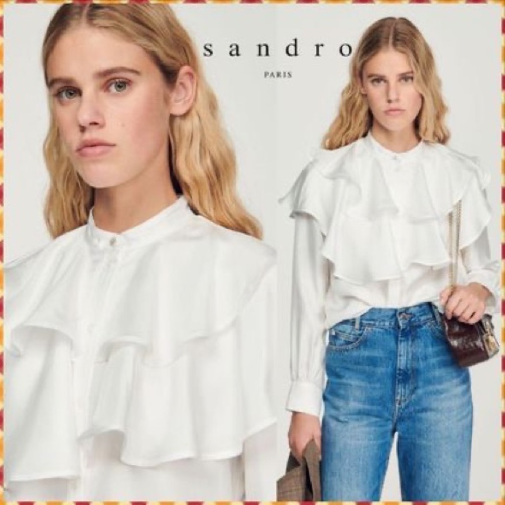 SANDRO COMEDIE RUFFLE YOKE SILK BLOUSE IN
